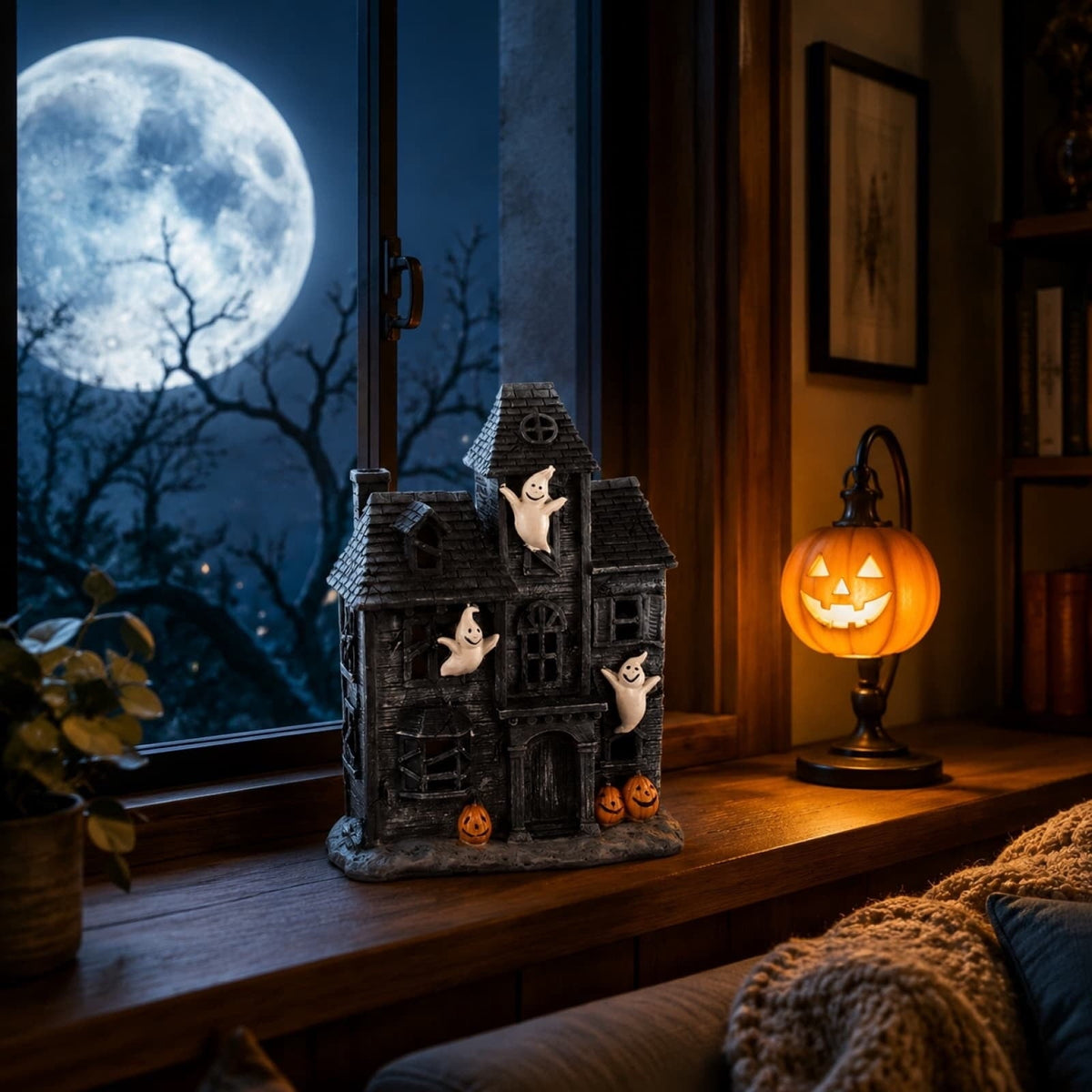 Haunt & Co Haunted House Figurine with Ghosts and Pumpkin Decor, Vintage Style Hanging Ghost Ornaments, Halloween Mantel Shelf Tabletop Centerpiece for Indoor Party