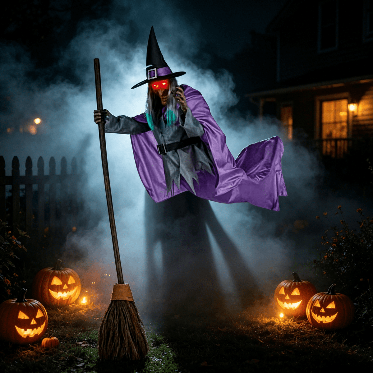 Haunt & Co Witch Decorations Halloween 6 FT Scary Flying Witch Decorations Animatronics Halloween Props with Scary Sounds and Lights Decorations for Outside Indoor Garden Yard