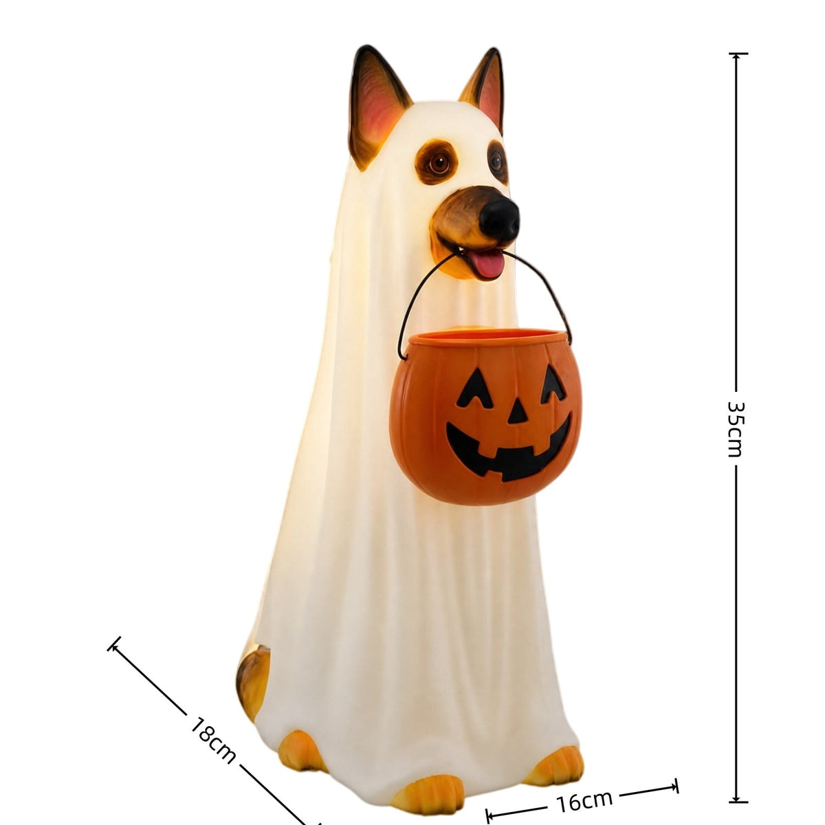 Haunt & Co Clearance! Halloween Ghost Dog Statue with Pumpkin Candy Bowl, 14" LED Ghost German Shepherd Blow-Molded Figurine Outdoor, Halloween Candy Holder Decoration Gift for Porch Yard Patio Indoor