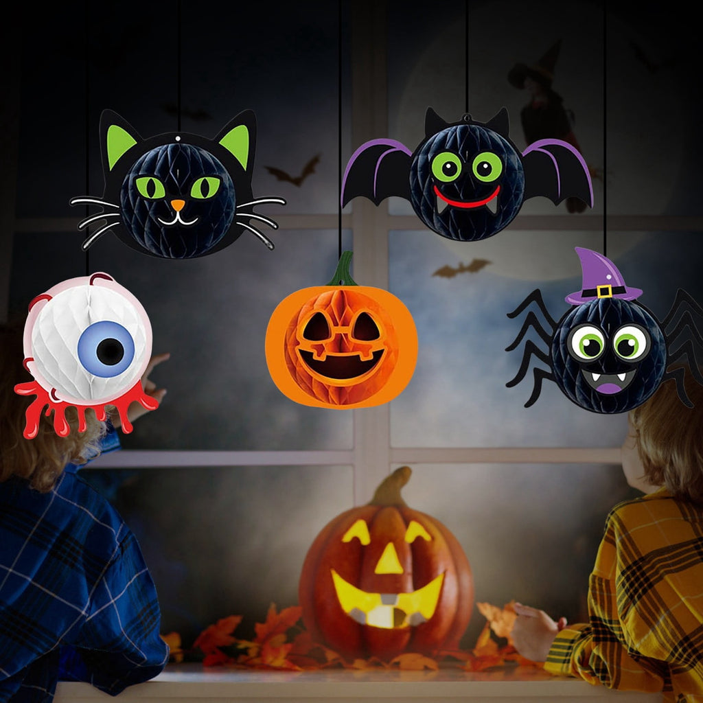 Haunt & Co Halloween Party Decorations 3D Hanging Honeycomb Ornaments Retro Pumpkin Skull Ghost Paper Ornaments Set with Hanging Rope for Indoor Haunted House Ceiling Decor 6 Pcs