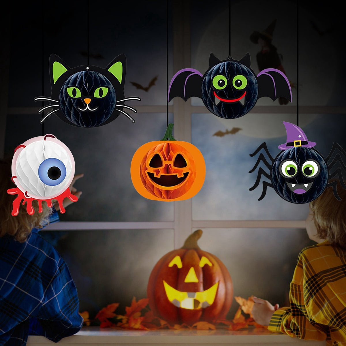 Haunt & Co Halloween Party Decorations 3D Hanging Honeycomb Ornaments Retro Pumpkin Skull Ghost Paper Ornaments Set with Hanging Rope for Indoor Haunted House Ceiling Decor 6 Pcs