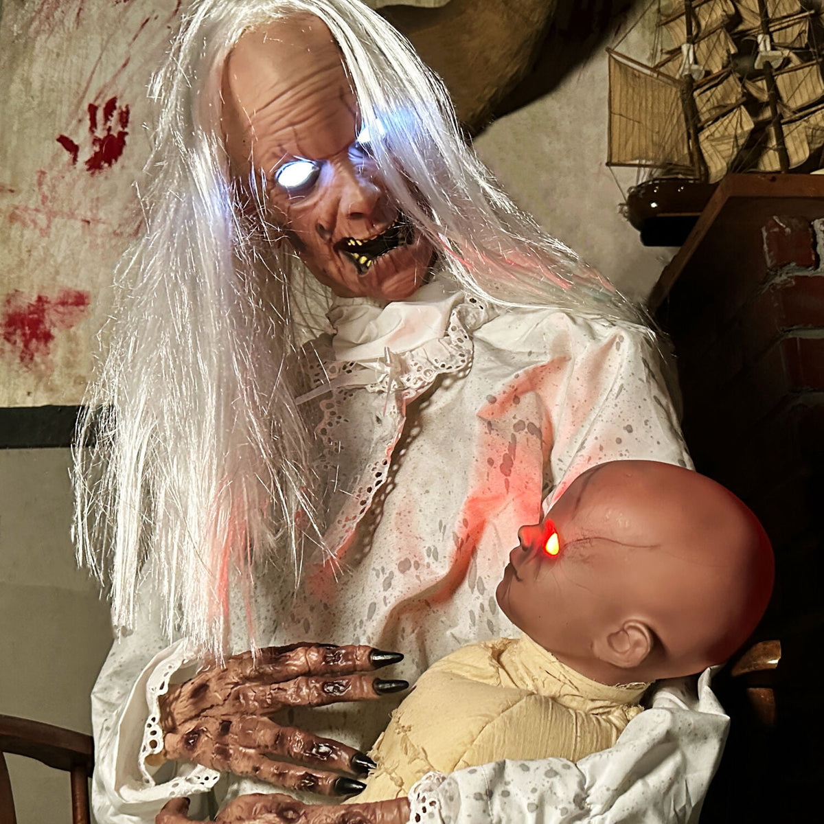 Haunt & Co 2.9 ft Animatronic Gravely Granny by Tekky with Motion-Activated Sounds