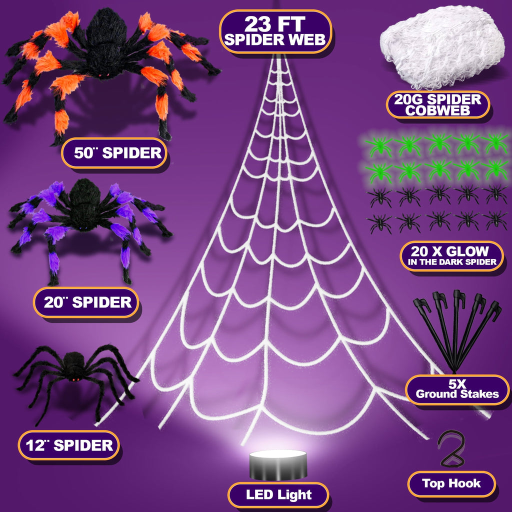 Haunt & Co JoyX Giant Halloween Spider Web Decoration Set, 23 ft Huge Web with 50" Large Spider, LED Light, and Glow in The Dark Spiders