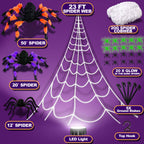 Haunt & Co JoyX Giant Halloween Spider Web Decoration Set, 23 ft Huge Web with 50" Large Spider, LED Light, and Glow in The Dark Spiders