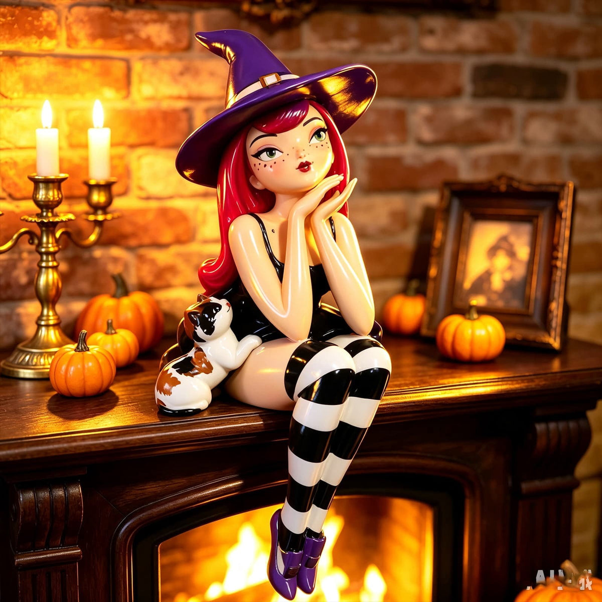 Haunt & Co Halloween Witch Shelf Sitter Figurine Set,3 Pc Gothic Witch Girl Statue With Cat Companion,Witchy Home Decor,Cute Spooky Edge Sitting Witch Decor,Whimsical Tabletop Ornament For Mantel Shelf Office