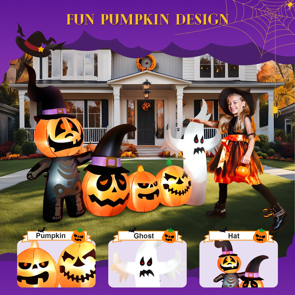 Haunt & Co Vrilay Halloween Inflatables, 7 FT Long 4 Pumpkins with Cute White Ghost Outdoor Decorations, Built-in LEDs, Blow Up Party, Waterproof Yard, Garden, Lawn Decor