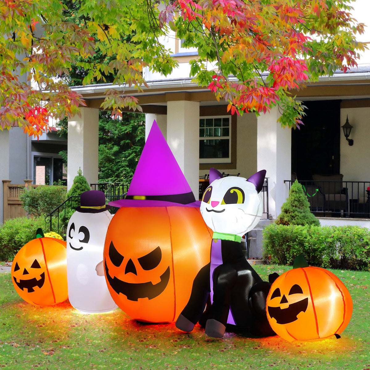 Haunt & Co 8ft Halloween Inflatable Pumpkins Outdoor Decor with Black Cat and Spectre,Built-in LED Lights