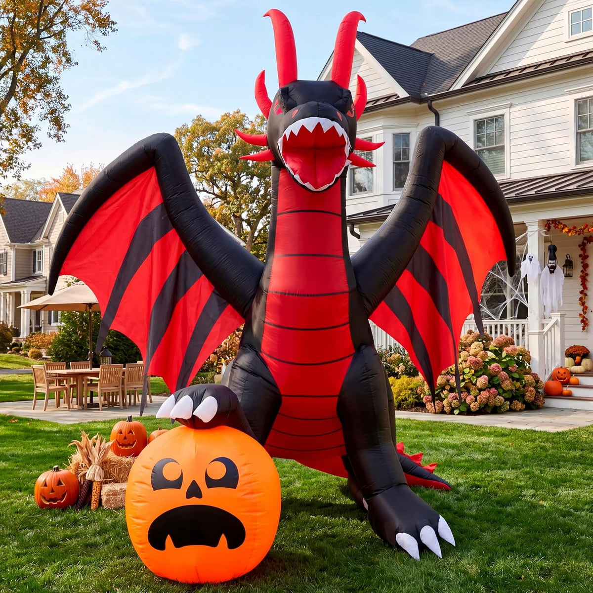 Haunt & Co 8 ft Halloween Inflatable Fire Dragon with Pumpkin,Animated Moving Mouth & Internal LED Lights, Outdoor Lawn Garden Indoor Porch Patio Spooky