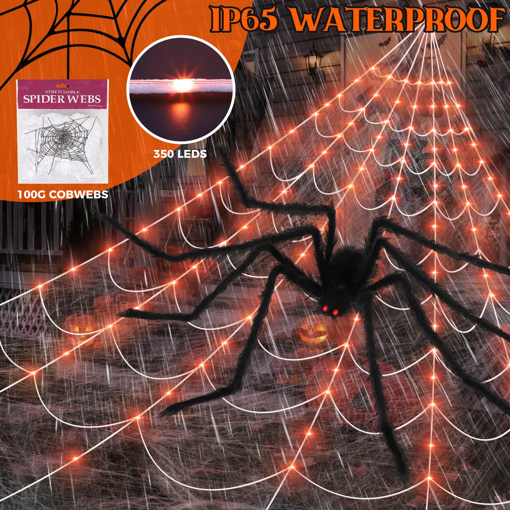 Haunt & Co Scidweet Outdoor, 350 LED Halloween Spider Web Lights with 79" Large Spider for Outside Garden Yard Home Decor, Orange