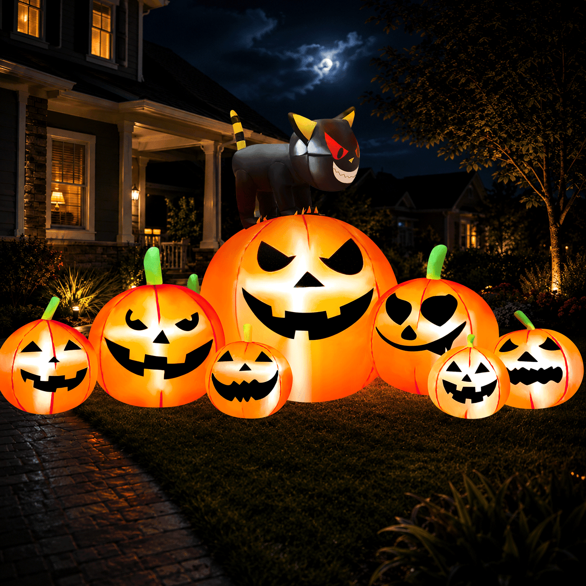 Haunt & Co 8.1FT Halloween Inflatable Pumpkin Stack, 7 Glitter Pumpkins with Black Cat and LED Lights, Outdoor Yard & Garden Decor