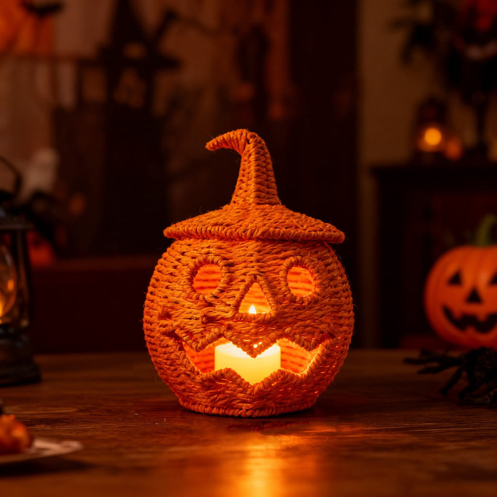 Haunt & Co Hand Woven Jack O Lantern Pumpkin Desktop Ornament Spooky Hollow Pumpkin Figurine For Shelf Mantel Tabletop Halloween Gothic Fall Home Decor(Style A-Orange)