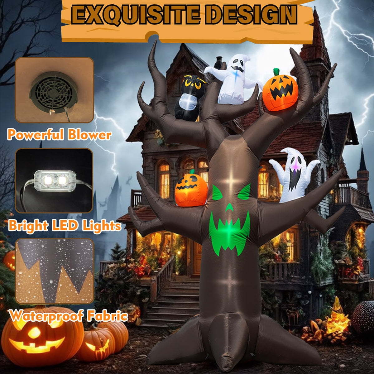 Haunt & Co Coolmade 9ft Halloween Inflatable Tree Decoration with pumpkin, Ghost, Owl, Blow up Yard Inflatables with Built-in LEDs