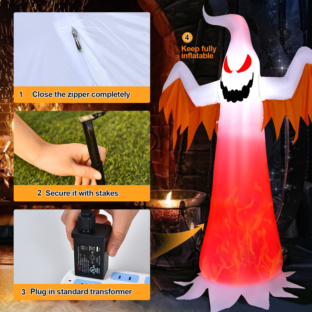 Haunt & Co Costway 8 FT Halloween Inflatable White Ghost with Rotatable Flame LED Lights
