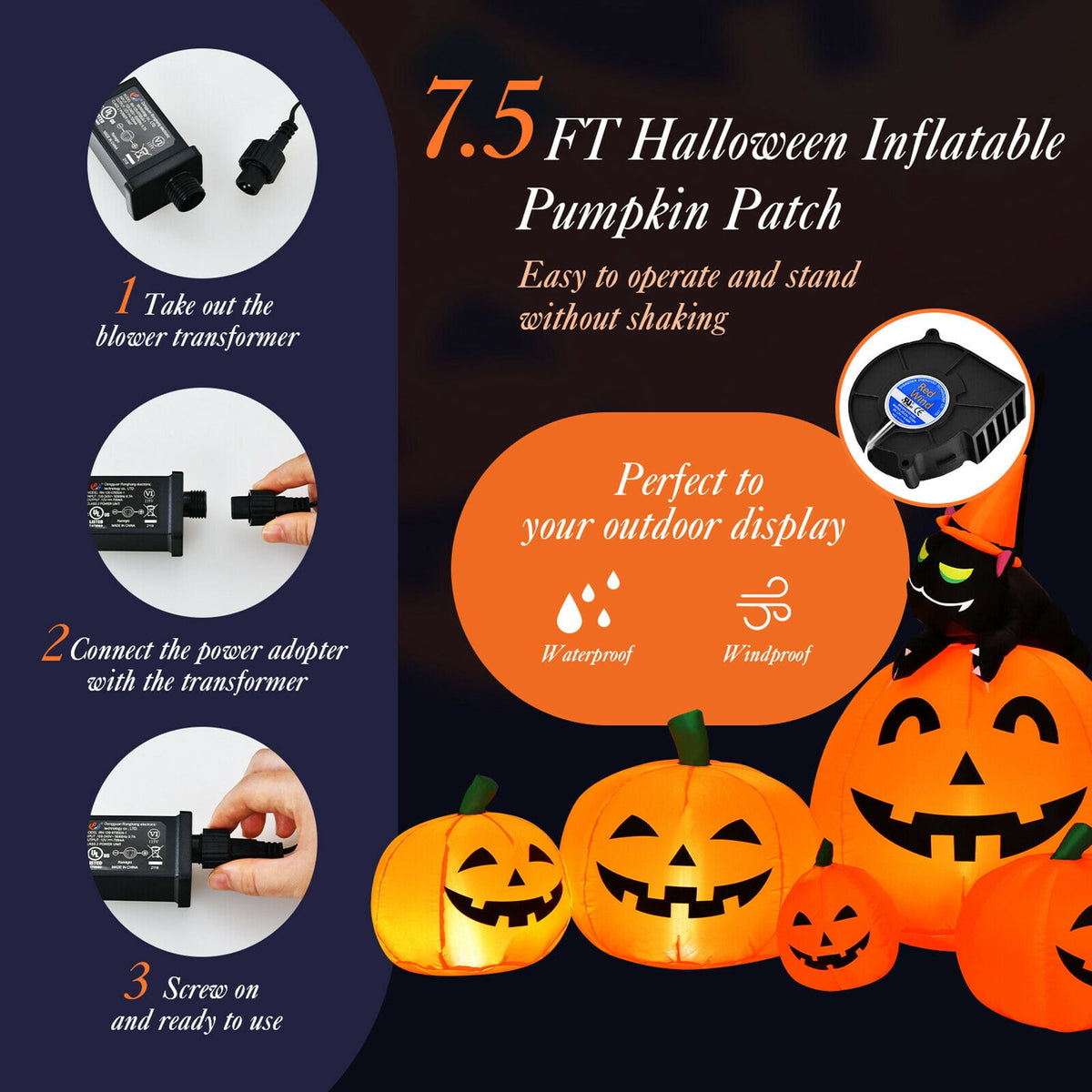 Haunt & Co Gymax Inflatable Pumpkin Combo 7.5ft Length w/ LED Lights