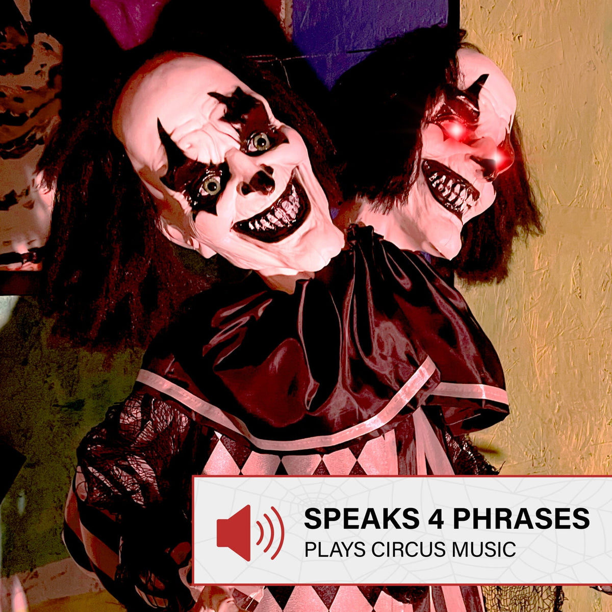 Haunt & Co Lifesize 5.5 ft Animatronic Two-Headed Clown with Lights and Sound, Indoor/Outdoor