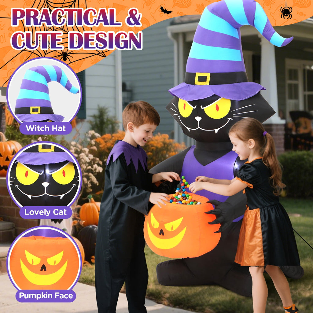 Haunt & Co Toiyjofe 6ft Halloween Inflatable Black Cat with Jack-o'-Lantern & LED Lights, Trick-or-Treat Yard Decoration with Witch Hat