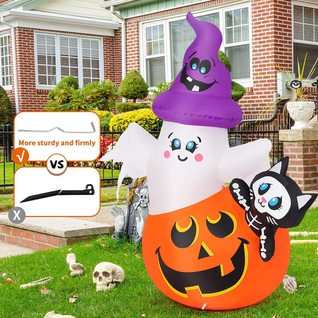 Haunt & Co COMIN 5 FT Halloween Inflatables Pumpkin Ghost Cat Outdoor Decorations Blow Up Yard with Built-in LEDs
