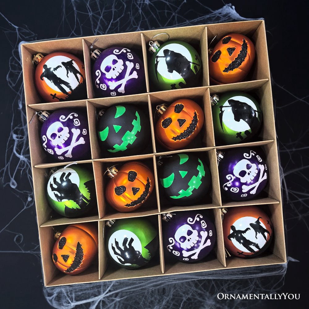 Haunt & Co The Face of Spooky Horror 16 Piece Ornament Shatterproof Bundle Set, Halloween Pumpkin, Zombie, and Goblin