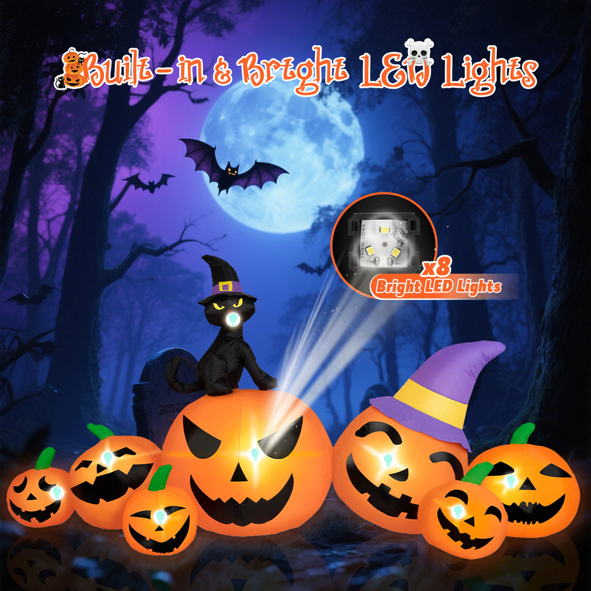 Haunt & Co B&D 8FT Long Halloween Inflatables Pumpkin, Blow Up Pumpkins Inflatables with Witch Hat & Black Cat Built-in LED Lights