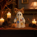 Haunt & Co GIPQJK Summerween Cute Ghost Resin Figure with Bow Tie Holding Pumpkin Statue, Creative Halloween Desktop Shelf Home Decor Ornament A