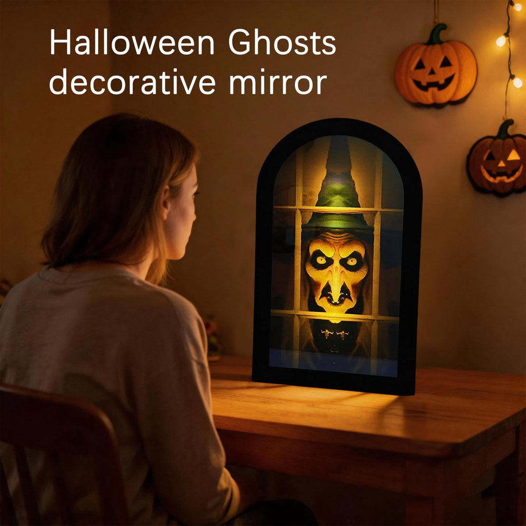 Haunt & Co Holographic Halloween Witch Mirror Decorative Metal Ornament for Holiday Ambience and Unique Festival Display