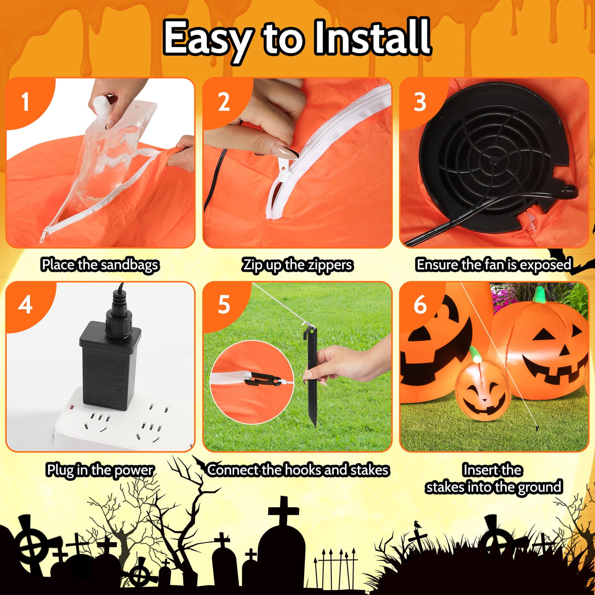 Haunt & Co 8.7ft Halloween Inflatables Pumpkins 7 Blow Up Decor with Witches Hat, Built-in LED Lights