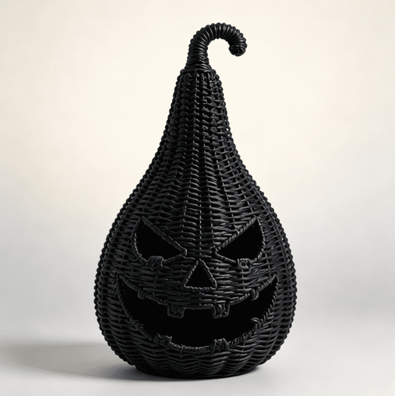 Haunt & Co THOPBPRK 11" Black Handwoven Rattan Teardrop Jack-O'-Lantern Pumpkin Decor, Halloween Tabletop Ornament, Indoor Fall Home Decoration, Pumpkin Ornament for Doorstep Halloween Party