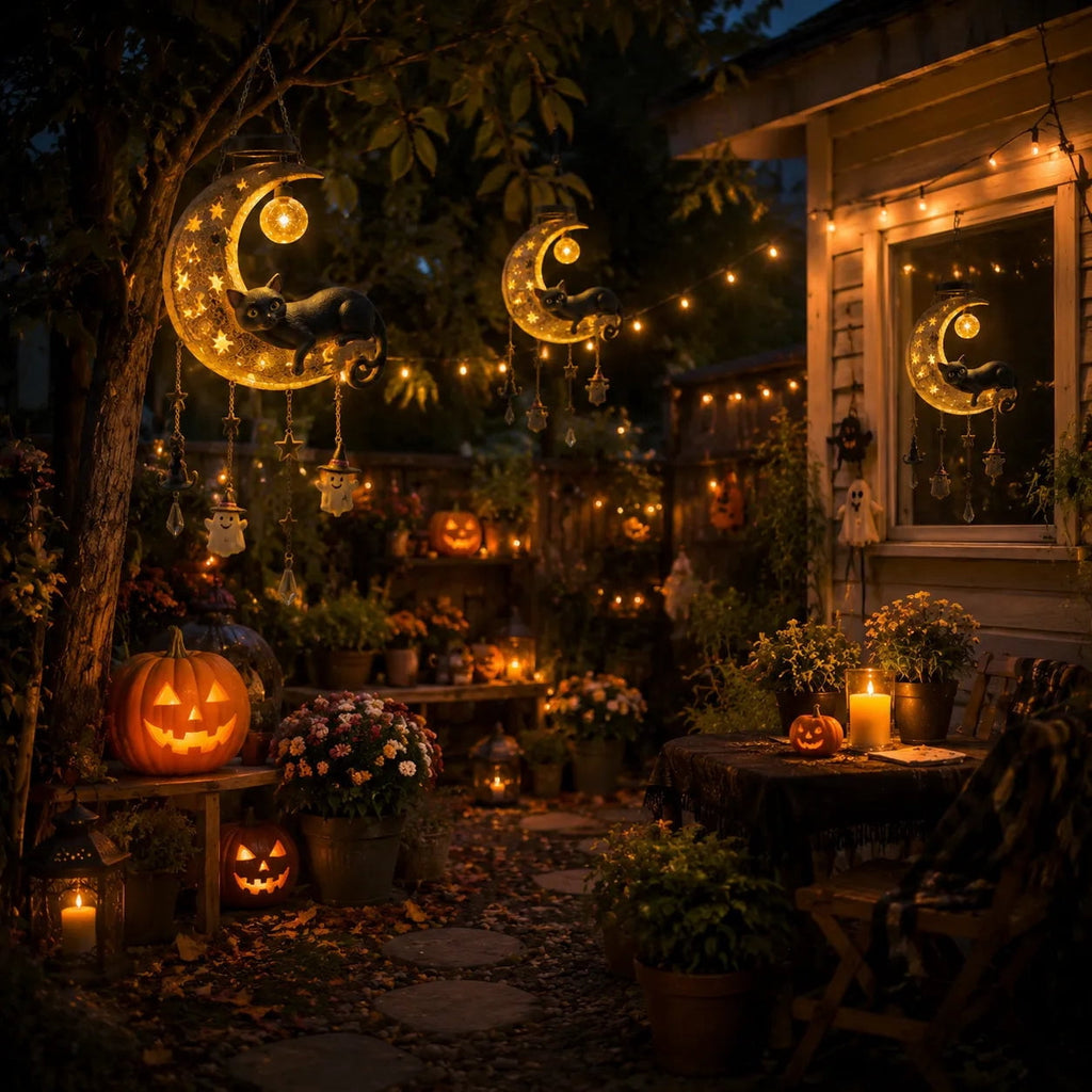 Haunt & Co Homellea Crescent Moon Black Cat Solar Hanging Light, Halloween Resin Ornament with Ghost, Star and Crystal Look Drops for Tree, Porch, Patio, Garden, Balcony and Seasonal Outdoor Display