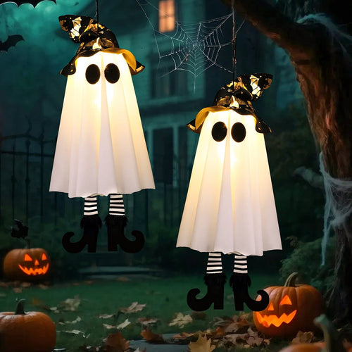 Haunt & Co 18In Set of 3 Halloween Hanging Ghosts, Outdoor Hanging Ghosts with Witch Hat,Glowing Ghost Witch Hat Lights Halloween Ghost Decor