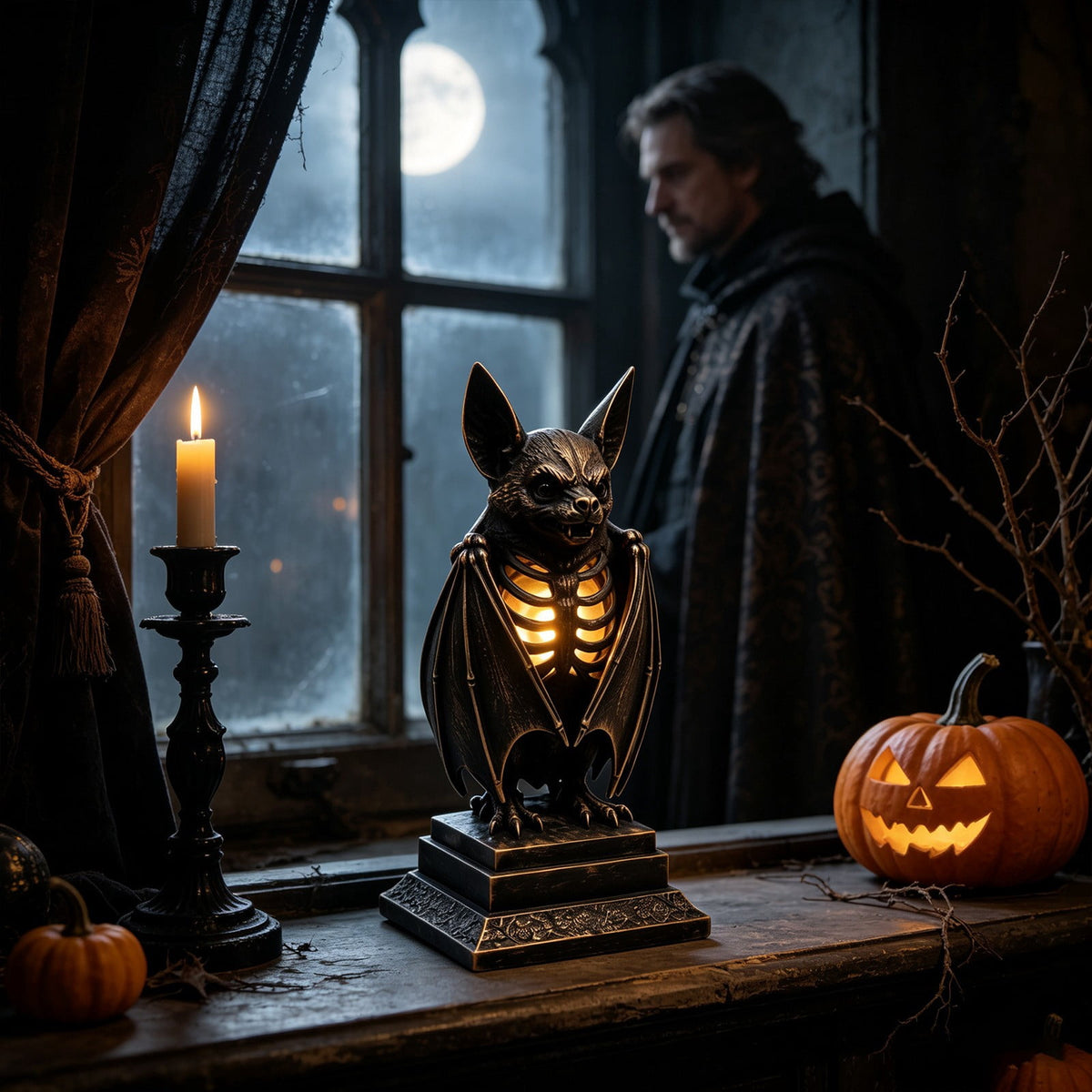 Haunt & Co Gothic Bat Skeleton Ambient Lamp, Resin LED Skull Night Light Vintage Decor, Bedside Accent Gift Haunted House Ornament, Halloween Figurine for Home Display,10.2 Inch