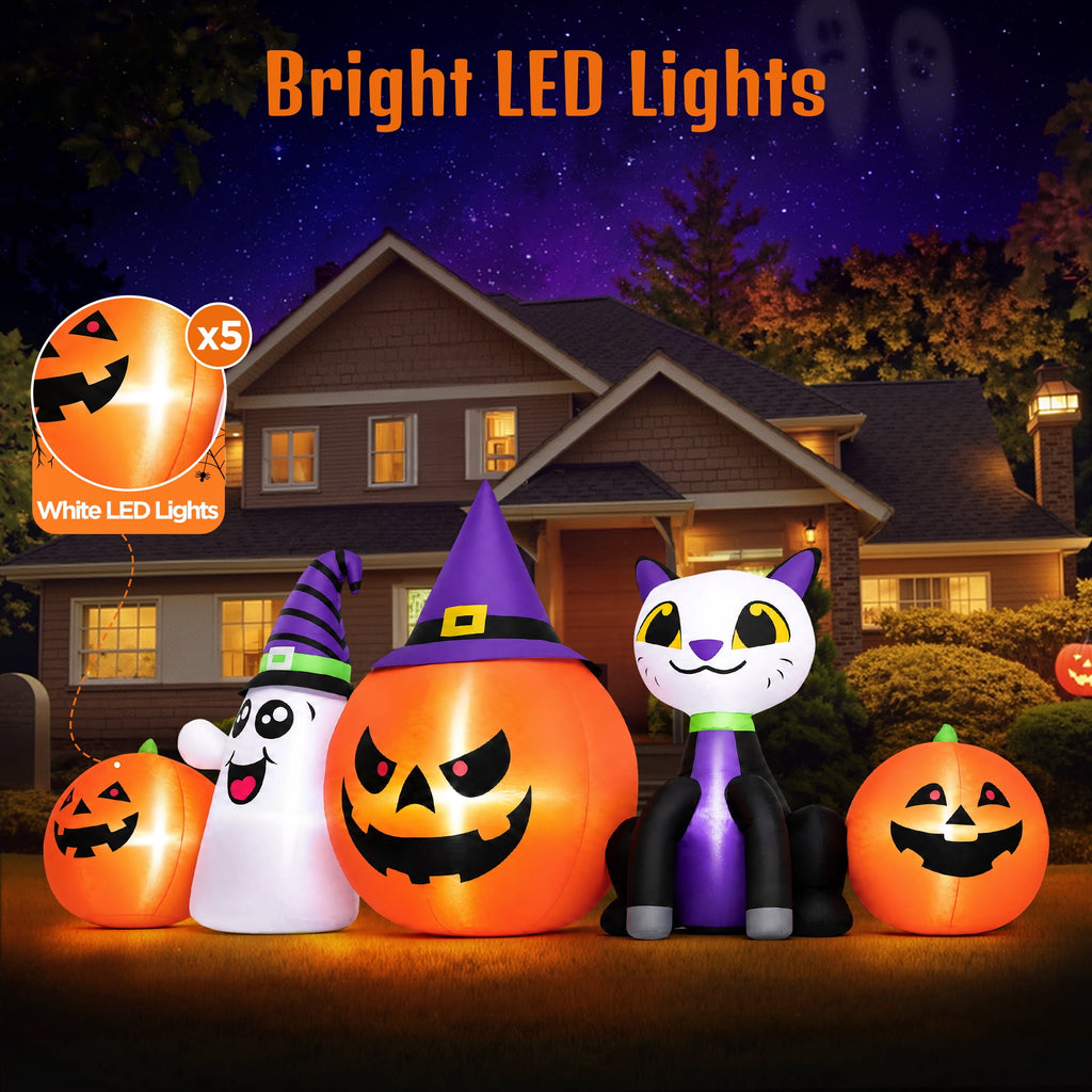 Haunt & Co 8FT Halloween Inflatable Pumpkins Ghost Cat with Lights,Blow ups Outdoor Decorations