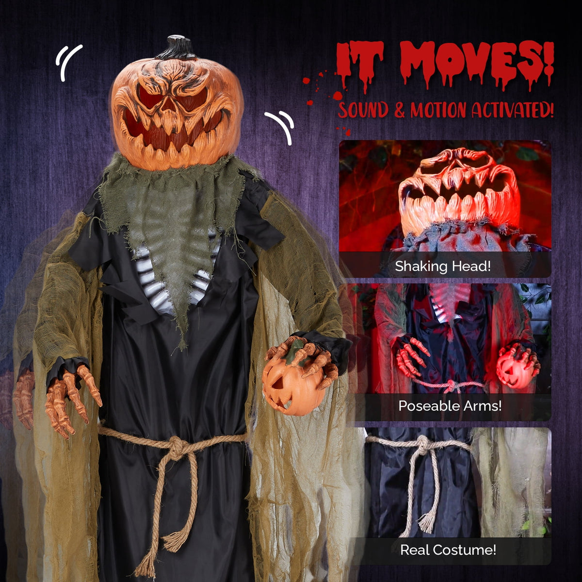 Haunt & Co 7FT Halloween Animatronic Standing Pumpkin Man The Sound Activated Halloween Prop