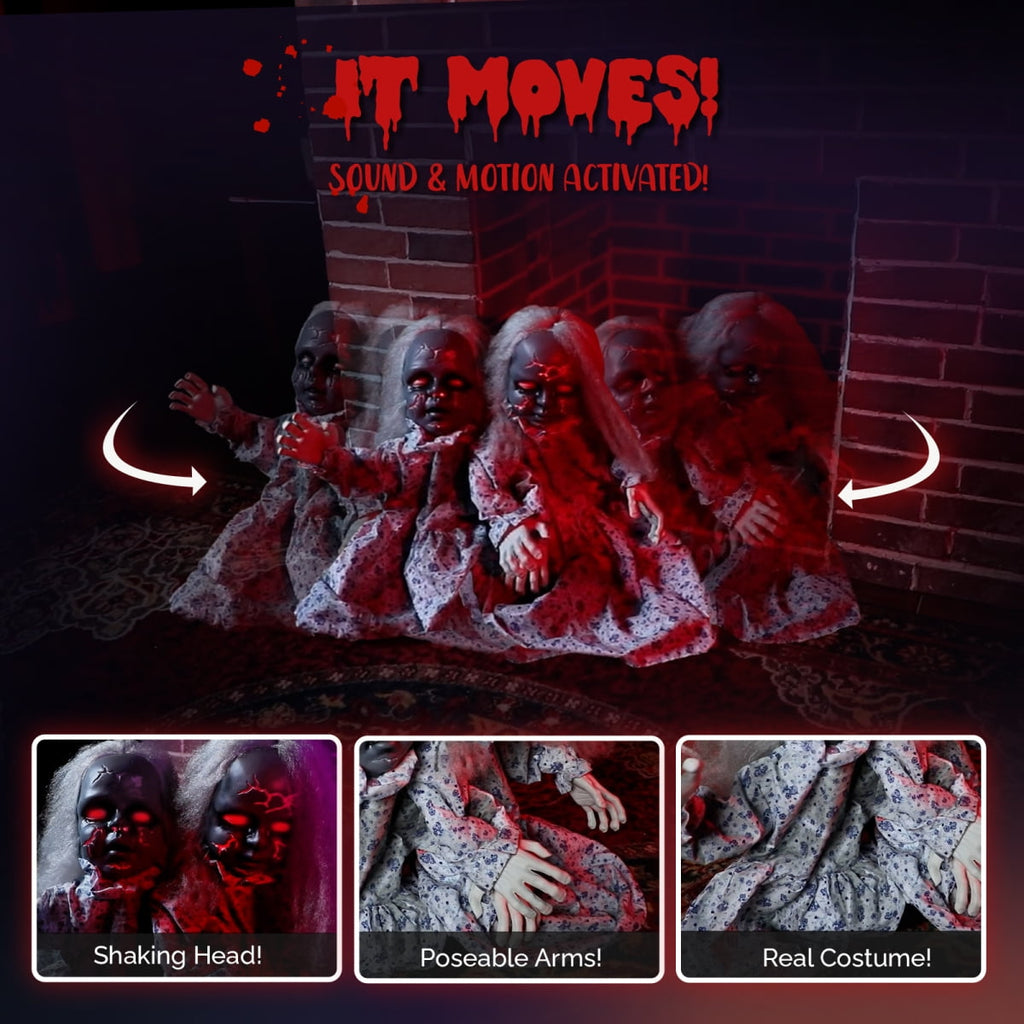 Haunt & Co 2.8ft Halloween Scary Yard Decorations, Twin Girls Halloween Standing Decoration, Animated Haunted House Halloween Party Prop Decoration, with Creepy Sounds