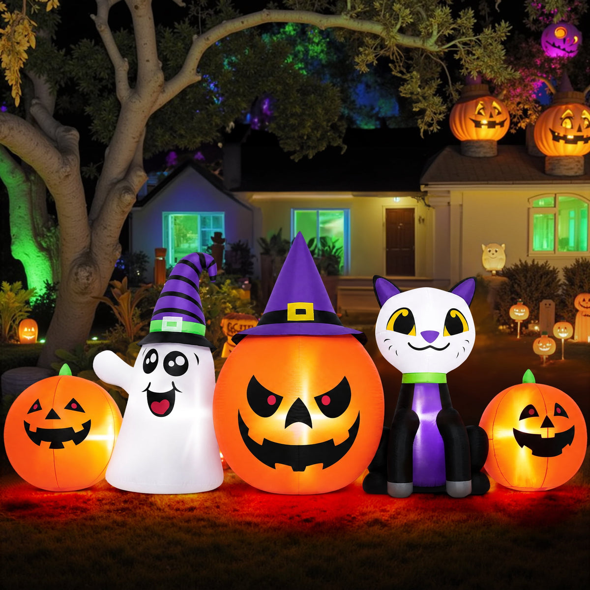 Haunt & Co (2 pack) 8FT Halloween Inflatable Pumpkins Ghost Cat with Lights,Blow ups Outdoor Decorations