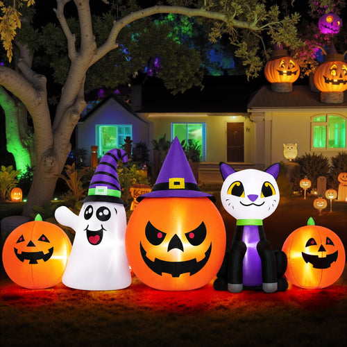 Haunt & Co (2 pack) 8FT Halloween Inflatable Pumpkins Ghost Cat with Lights,Blow ups Outdoor Decorations