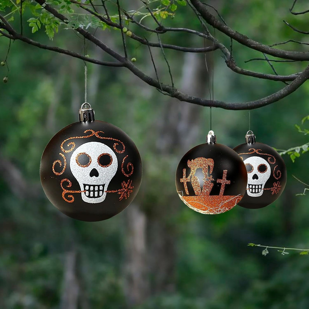 Haunt & Co Halloween Ornaments for Tree - 9 Pieces Spooky Gothic Hanging Pendant Balls, Shatterproof ABS Indoor Halloween Decorations for Hoe & Office Decorm