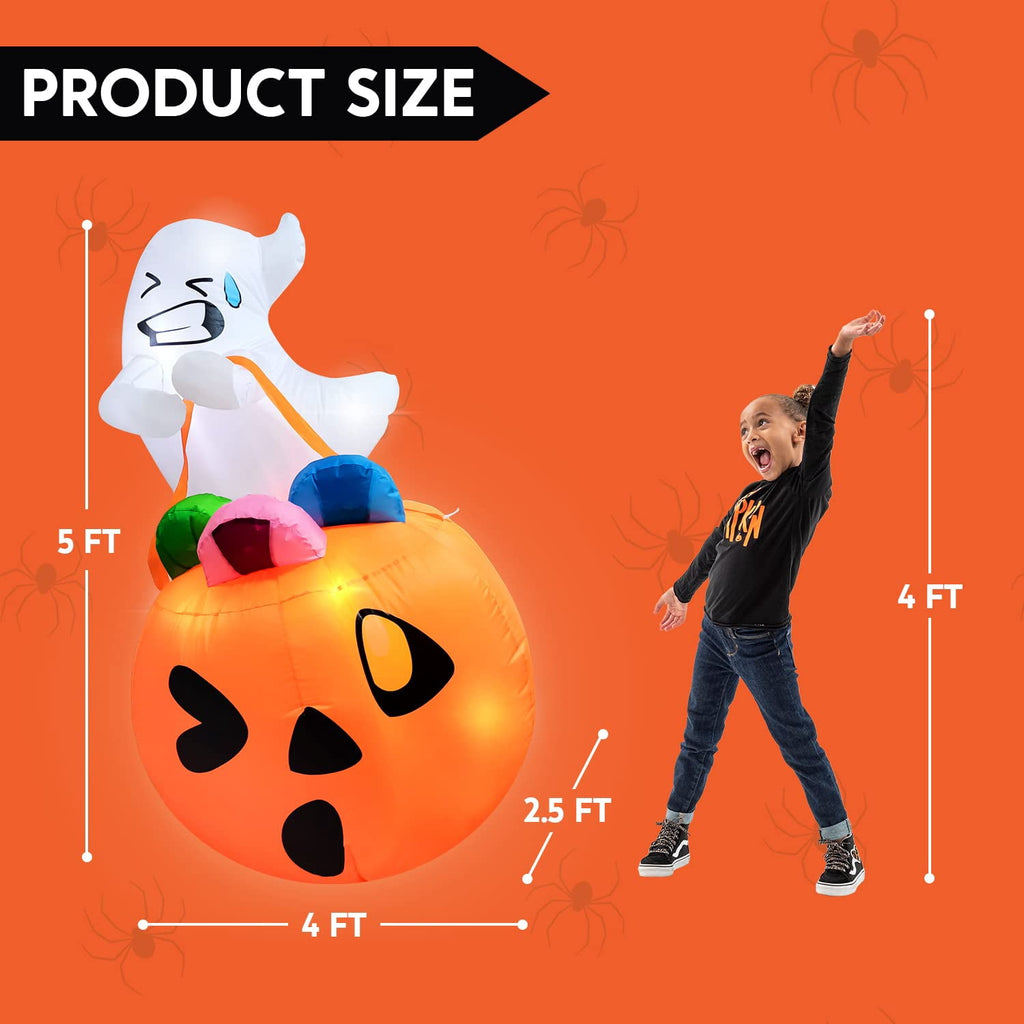 Haunt & Co 5ft Halloween Inflatables Light up Cute Ghost,Blow Up Ghost Lift Pumpkin Candy Bag with Build-in LEDs