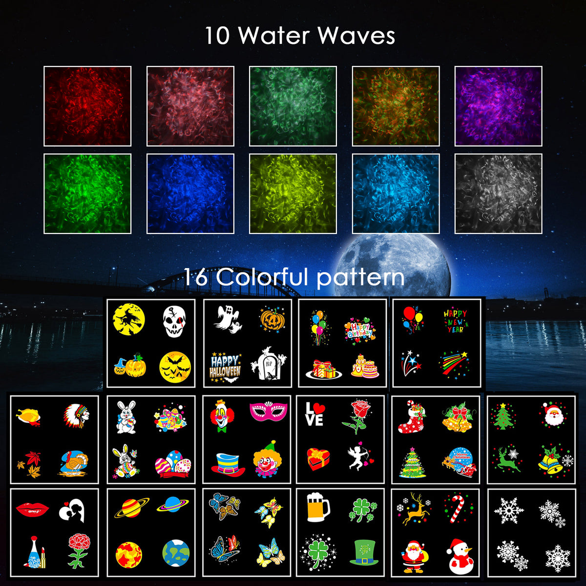 Haunt & Co Outdoor HD projector light, remote control 16 switchable modes, Christmas Halloween celebrations, birthdays, weddings and parties, waterproof light show