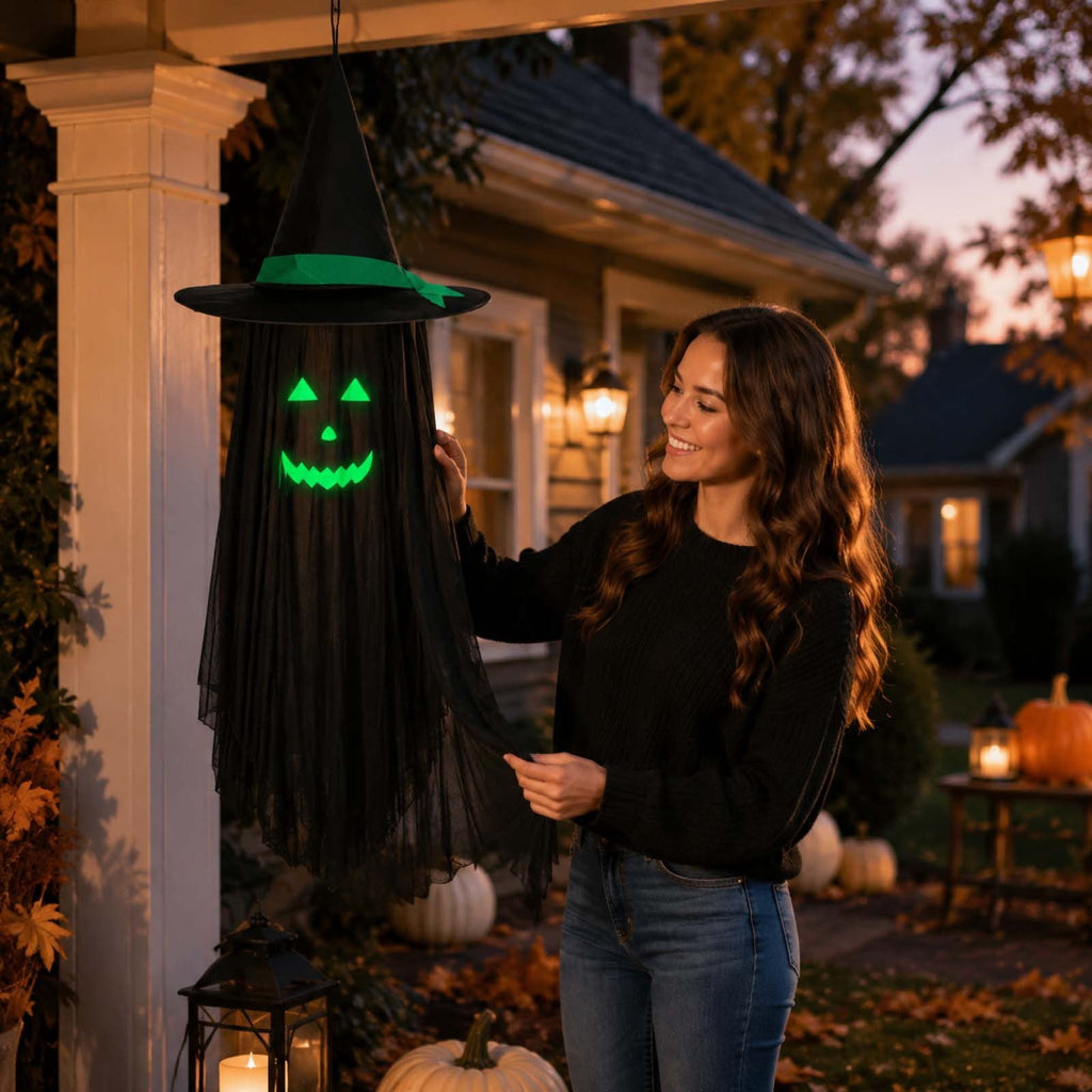 Haunt & Co Halloween Ghost Glow in Dark Outdoor Hanging Ornament 11.8 Inch - Spooky Luminous Pendant with Expressive Face for Yard Porch Tree Party Decor