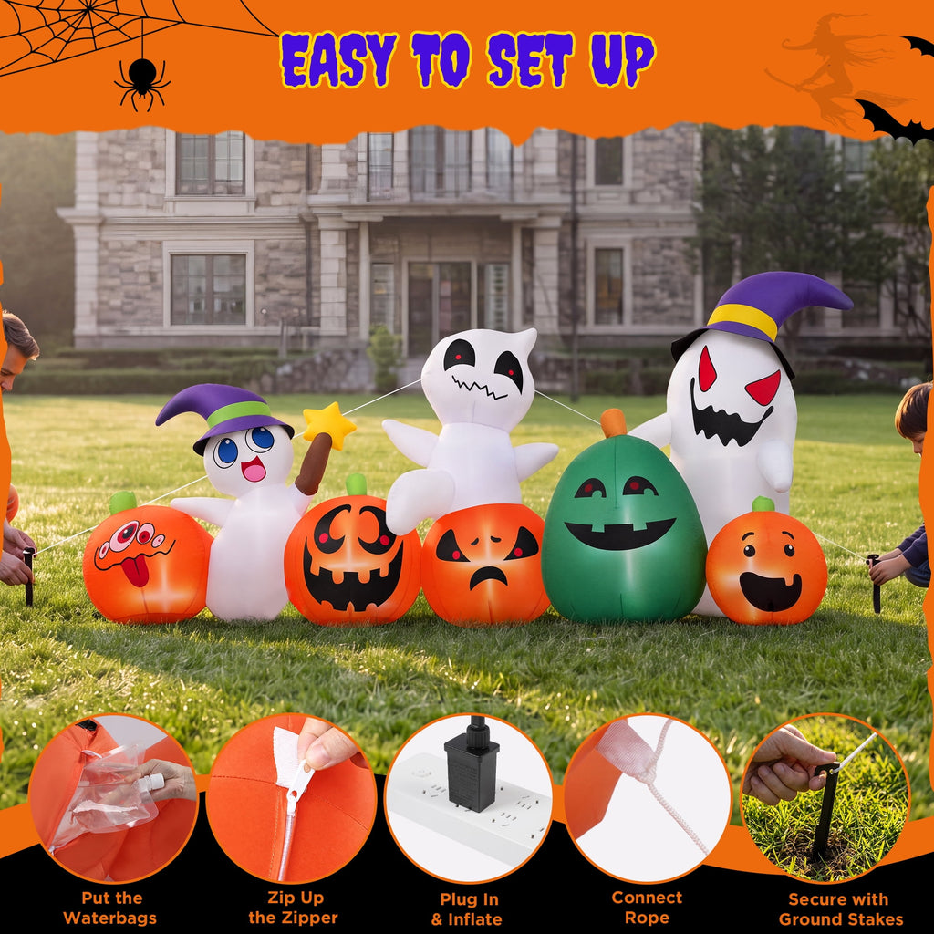 Haunt & Co (2 pack) 7ft Long Halloween Inflatable with Lights,Pumpkin Ghost