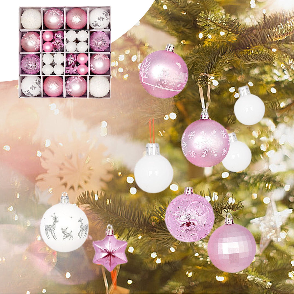 Haunt & Co Pink White Christmas Balls - Christmas Tree Decoration Ornaments Shatterproof Hanging Balls for Birthday Halloween Holiday Wedding Decorations Set of 44 pcs (1.1", 2.3")