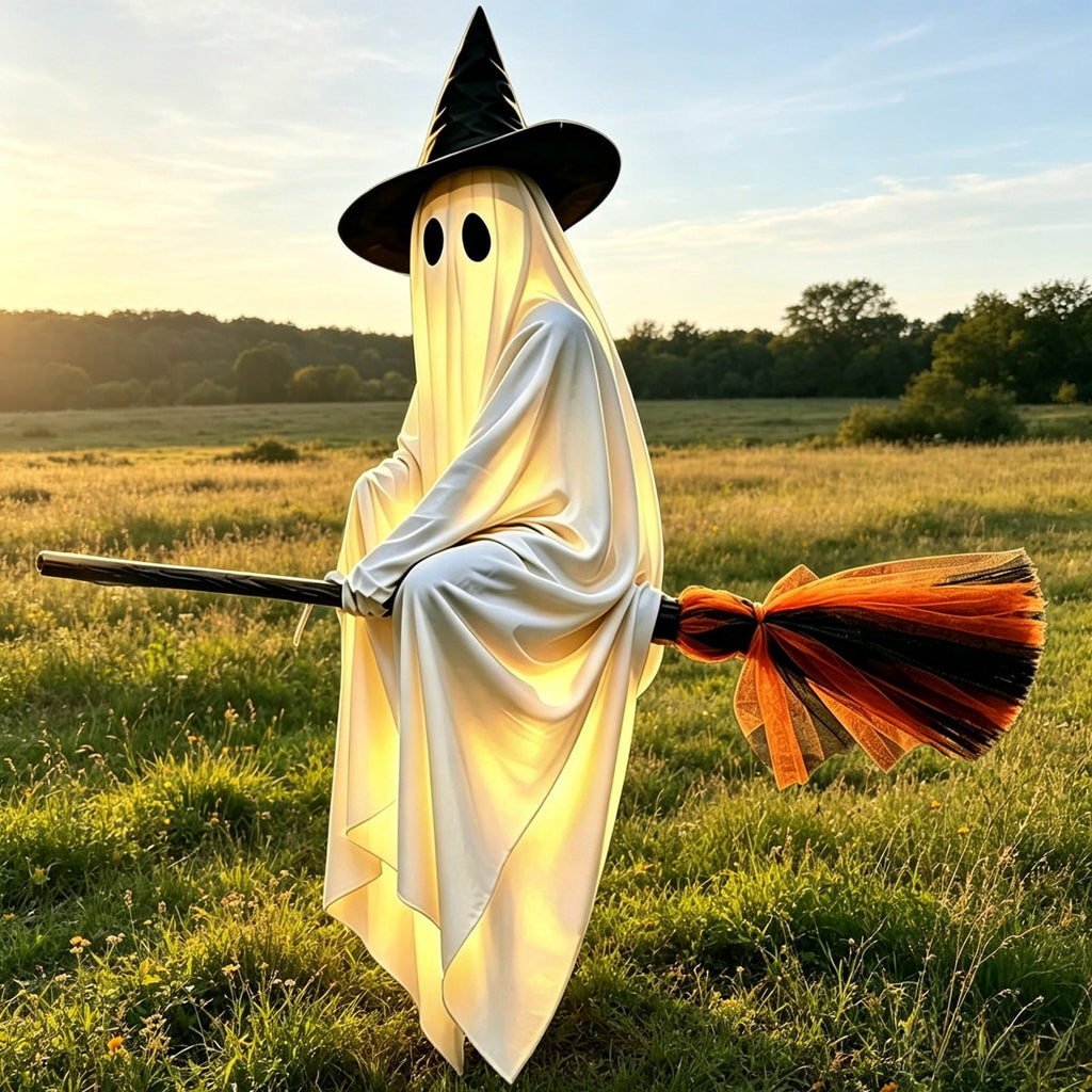 Haunt & Co Halloween Glowing Ornament with Lighted Witch Hat - Flying Hanging Decor for Home Porch Yard, Holiday Scene Prop for Halloween Celebration