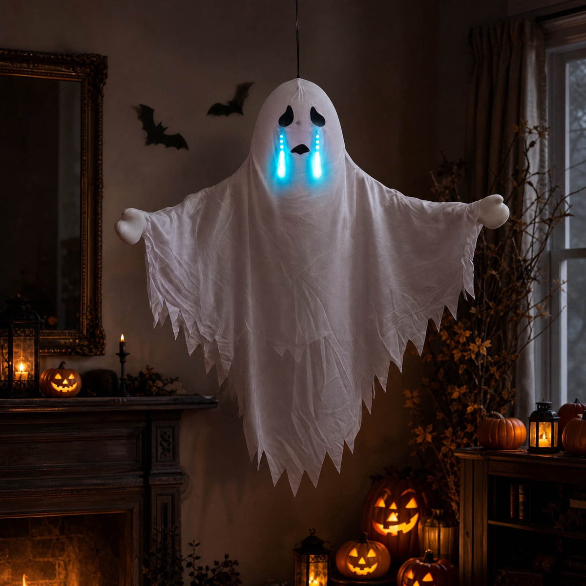Haunt & Co Roiihwy Halloween Decorations White Ghost Ornament, Voice Activated Talking, Indoor Outdoor Decorative, 43.3x31.5x7.9in Multicolor