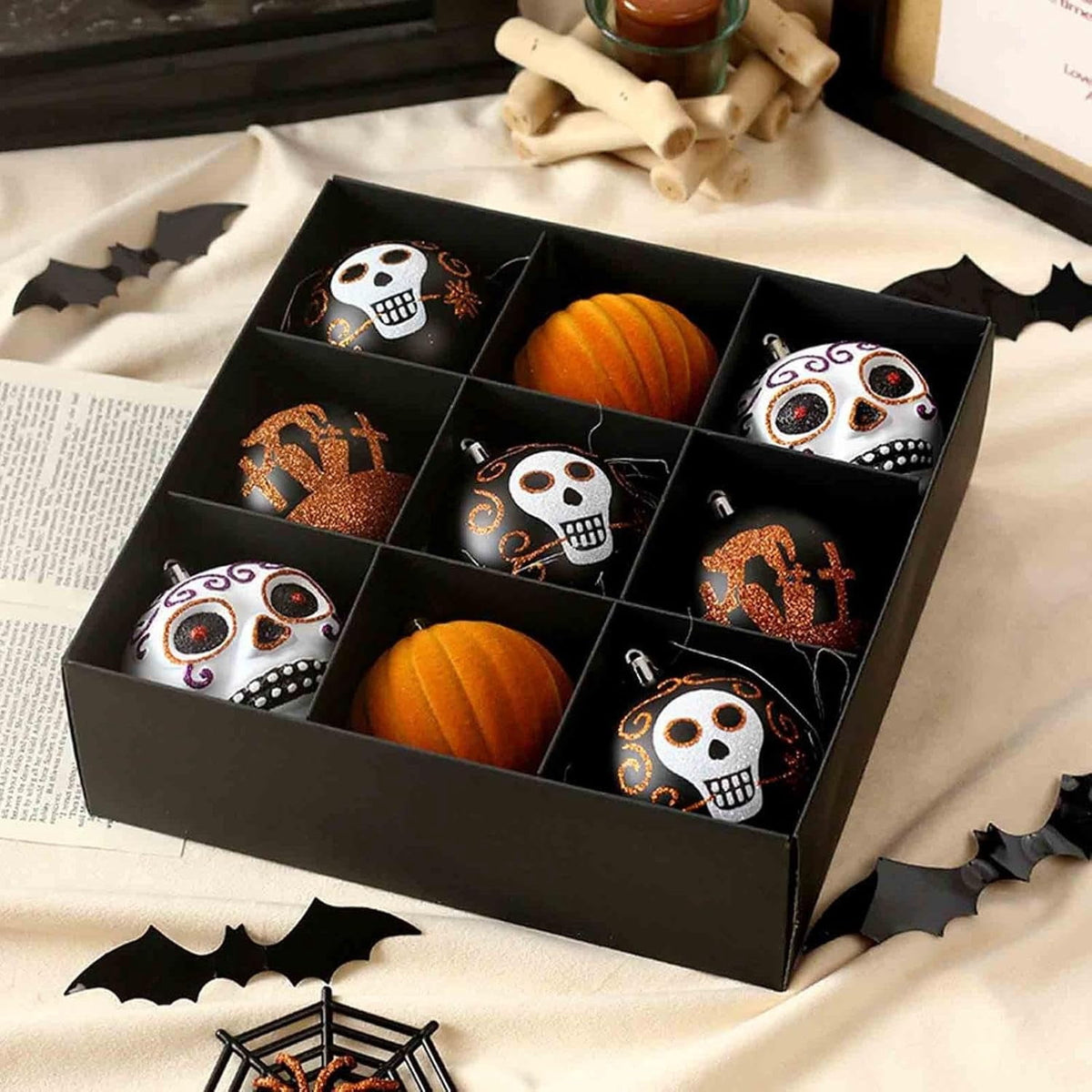 Haunt & Co 9 Pcs Halloween Ornaments for Tree Halloween Party Decor,Spooky Gothic Hangable Pendant Ball,for Car Holiday Party Indoor Outdoor Decor