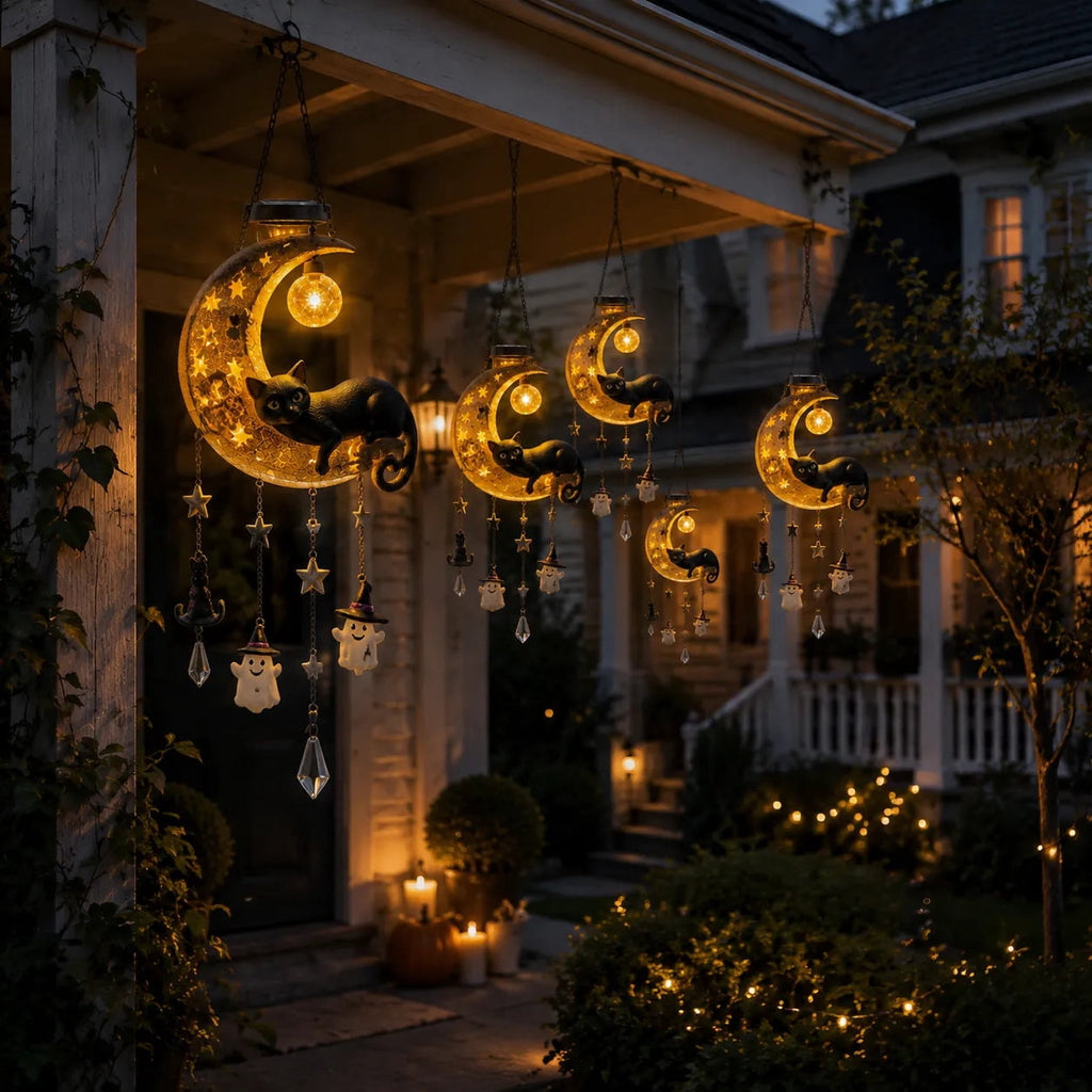 Haunt & Co Homellea Crescent Moon Black Cat Solar Hanging Light, Halloween Resin Ornament with Ghost, Star and Crystal Look Drops for Tree, Porch, Patio, Garden, Balcony and Seasonal Outdoor Display