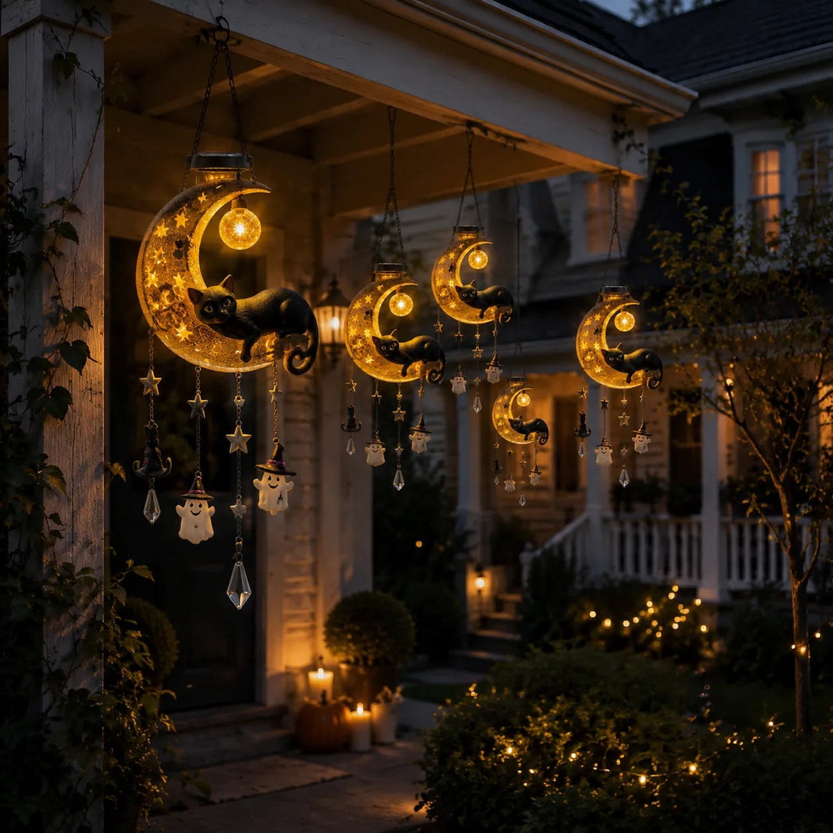Haunt & Co Homellea Crescent Moon Black Cat Solar Hanging Light, Halloween Resin Ornament with Ghost, Star and Crystal Look Drops for Tree, Porch, Patio, Garden, Balcony and Seasonal Outdoor Display