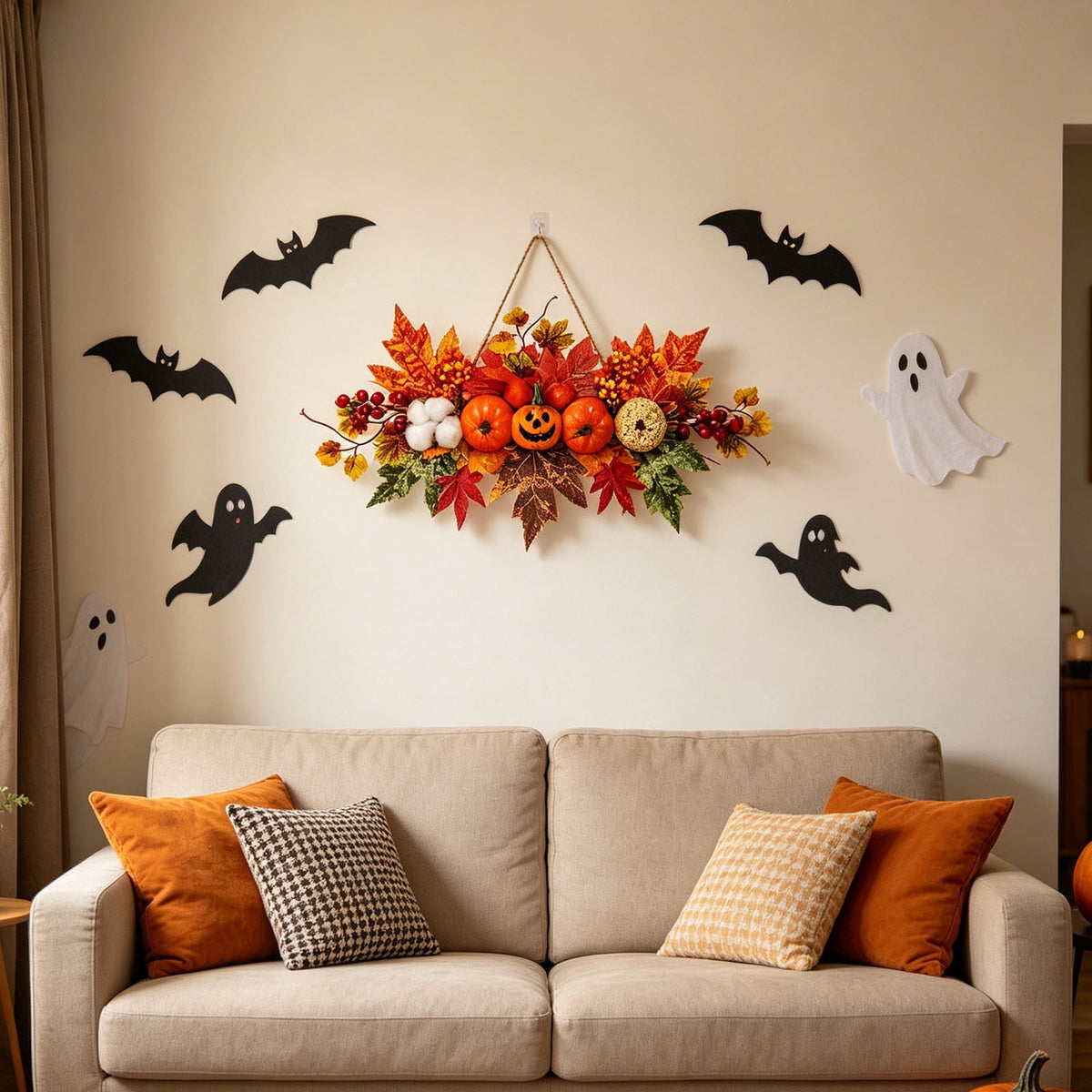 Haunt & Co Fall Harvest Pumpkin Maple Leaf Hanging Decor 18x13 Inch, Thanksgiving Halloween Door Wall Ornament with Jute Rope, Rustic Farmhouse Indoor Outdoor Porch Party Decoration