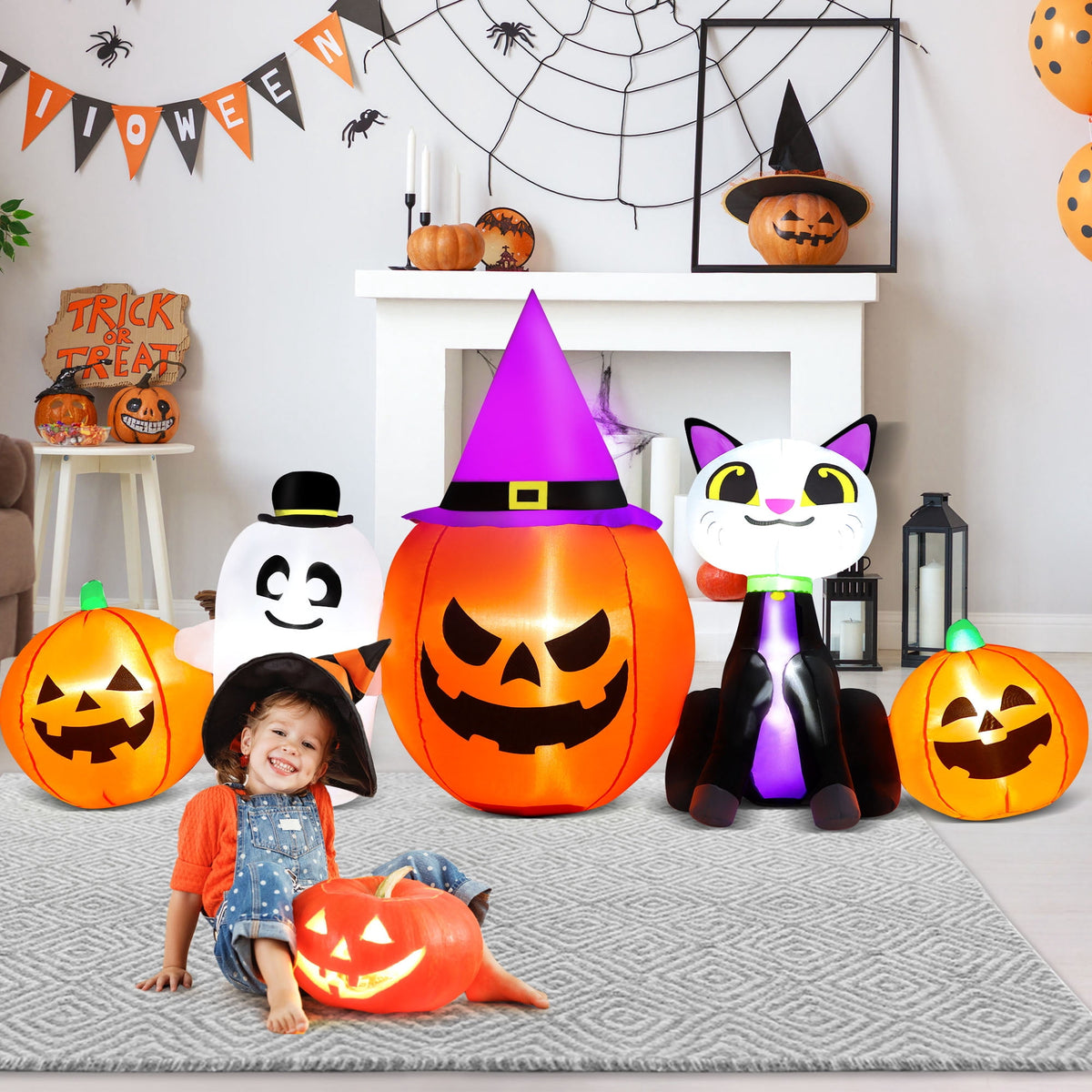 Haunt & Co 8ft Halloween Inflatable Pumpkins Outdoor Decor with Black Cat and Spectre,Built-in LED Lights