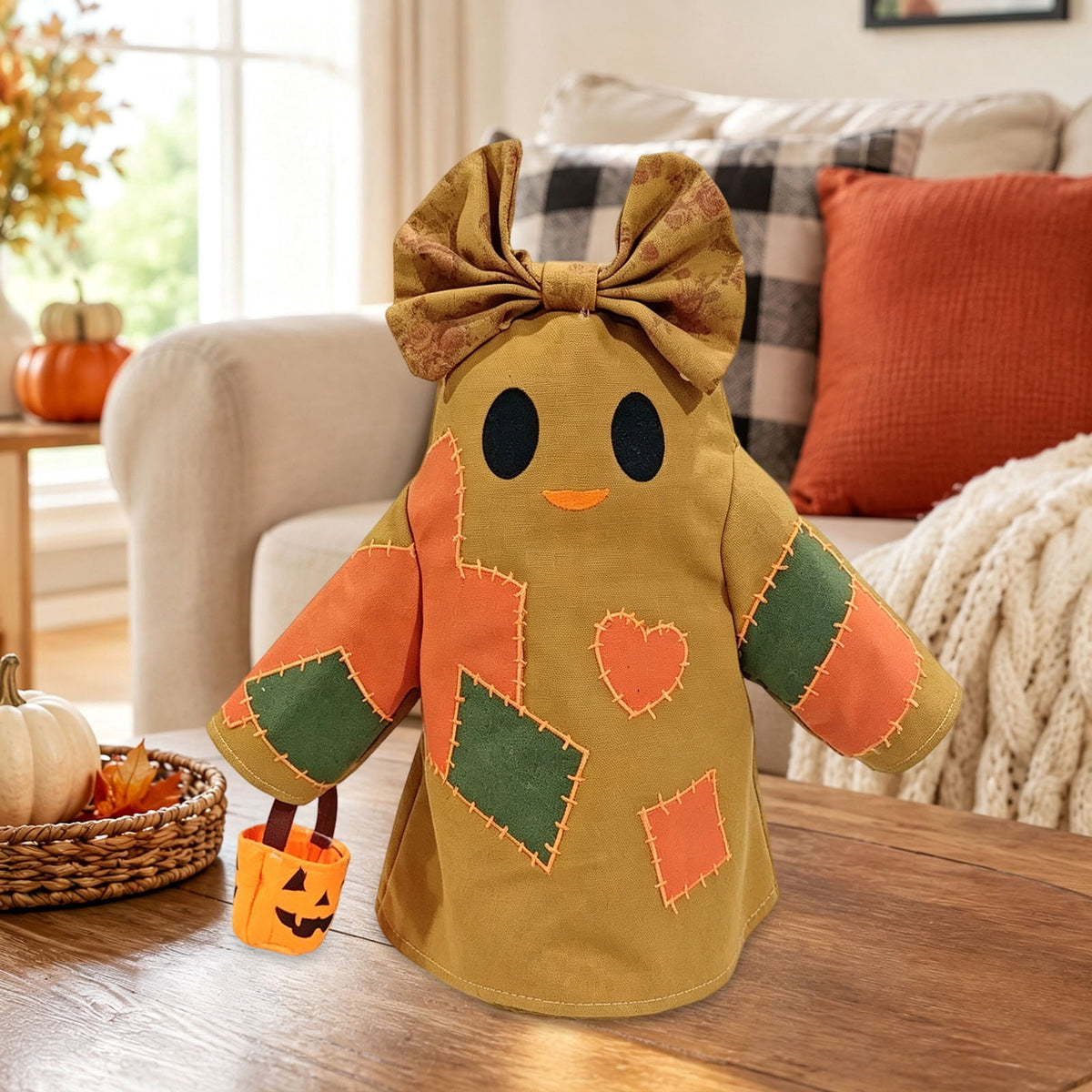 Haunt & Co Halloween Vintage Patchwork Ghost Doll, Linen Fabric Bow Ghost Ornament With Mini Pumpkin Bucket, Farmhouse Tabletop Hanging Holiday Decor