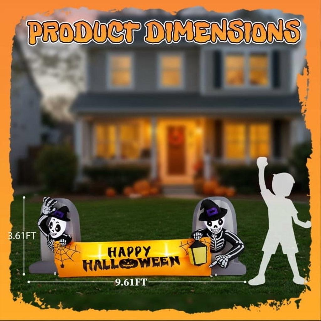 Haunt & Co 9.6FT Halloween Inflatable Skeleton Tombstone Banner, Built-in 4 White LED Lights, Quick Inflation